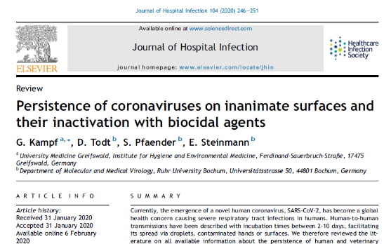 Persistence of coronaviruses on inanimate surfaces and their inactivation with biocidal agents